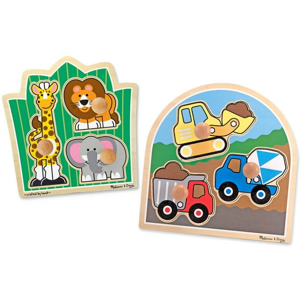 Melissa & Doug Jumbo Knob Wooden Puzzles Set Construction and Safari