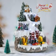 Christmas Village Houses Figurines - Christmas Village with USB Motion and Lights Xmas Lighted Snow Mountain Villas Navideas for Indoor Table Decorations Display Gift