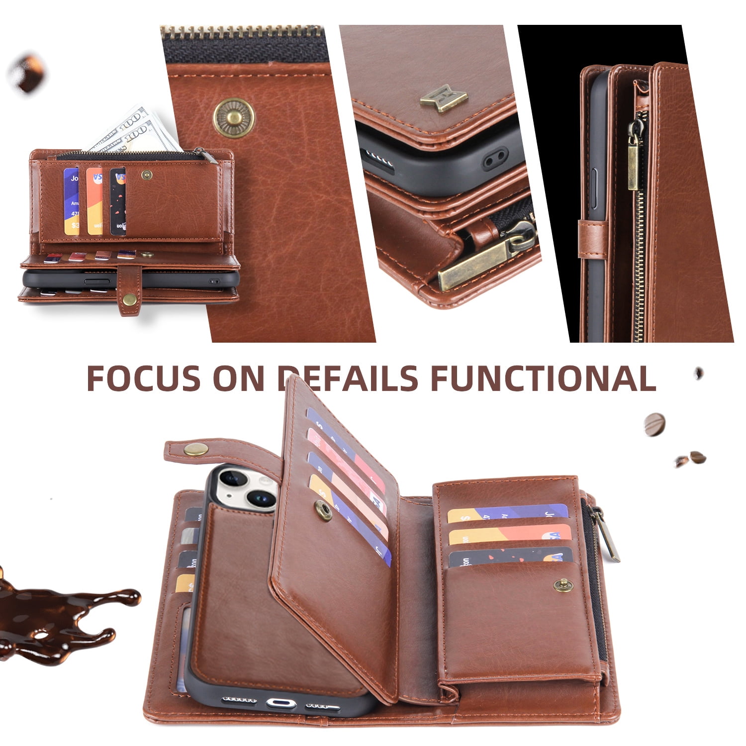 2 In 1 Wallet Phone Case for Apple iPhone 13, Detachable Magnetic Back Cover with Cards Holder Zipper Pocket Hand Wrist RFID Blocking Snap Closure Shockproof Case for iPhone 13, Brown