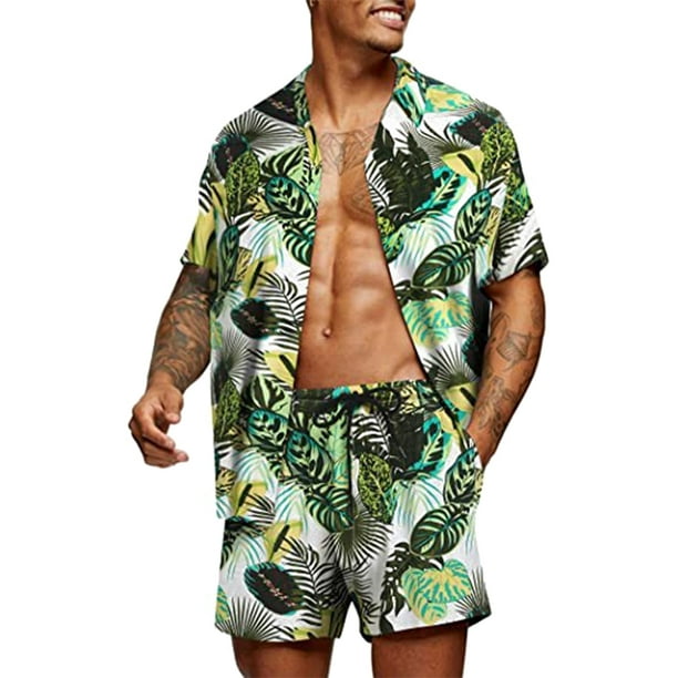Txlixc Trajes de camisa hawaiana para hombre, camisa de manga corta con botones estampados a la moda + conjunto de pantalones cortos de playa Txlixc Casual