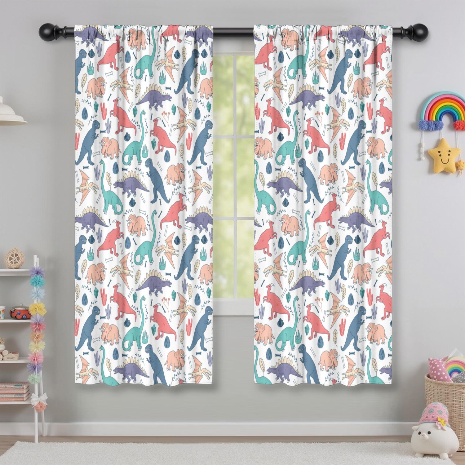 Funny Window Curtains for Kids Room - 42Wx63H Inch 2 Panels, Rod Pocket Colorful Cartoon Dinosaur Patterns for Boys Bedroom Decor Preschool Classroom Curtains Playroom Living Room Window Drapes