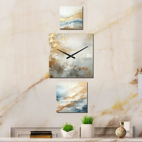 Designart "Ocean Storm in Beige, Blue, and Gold" Abstract Shapes Extra large Clock For Office Décor - Large Contemporary Wall Clock - Oversized Beige Wall Clock - Set Of 3