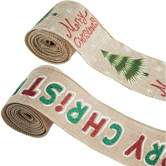 1bag 10.9 Yards 2 Roll 63mm Wide Christmas Wired Edge Ribbons Christmas Tree Printed Linen Ribbon Merry Christmas Words Burlap Ribbon for Home DIY Decor Craft Wreath Bow Making Gift Wrapping