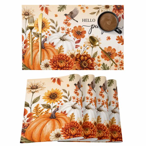 Hello Pumpkin Placemats Set of 2, Thanksgiving Fall Orange White Pumpkin Sunflower Non-Slip Place Mats Washable Table Mats for Kitchen Dining Table Decorations Indoor/Outdoor