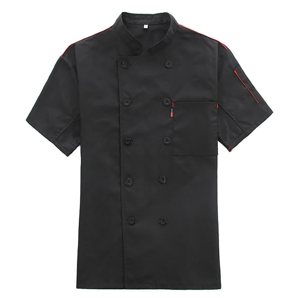 Chaqueta de chef unisex: manga larga con botones rojos en contraste, 35 % algodón y 65 % poliéster, duradera y transpirable para uso en la cocina.