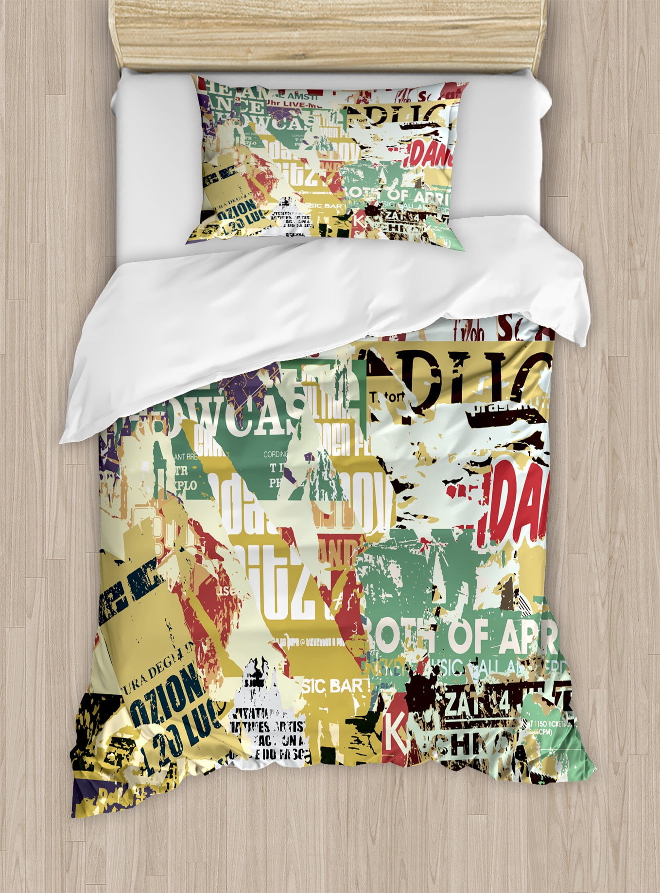 Retro Duvet Cover Set, Grunge Style Collage Print of Old Torn Posters