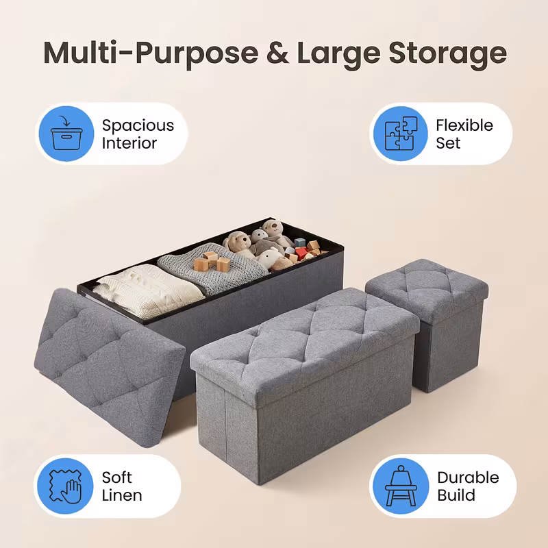 L-Shaped Modular Sectional Sofa Set with 3 Storage Ottomans, Grey Tufted Fabric Upholstery, Space-Saving for Living Room & Balcony