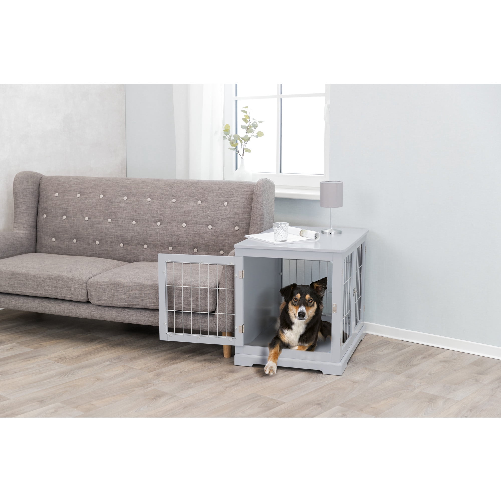 TRIXIE 32.7" Dog Crate, Wooden Indoor Kennel Furniture for Medium Dogs Up to 50 lb, Gray