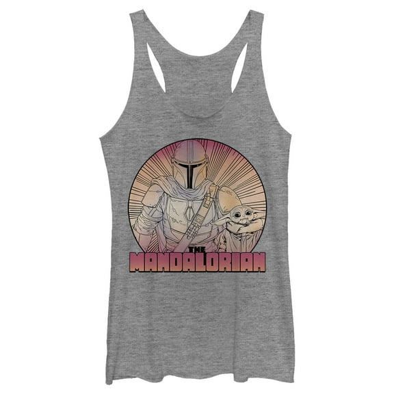 Women's Star Wars: The Mandalorian The Child and Mando Radiating Lines Racerback Tank Top Gray Heather Small