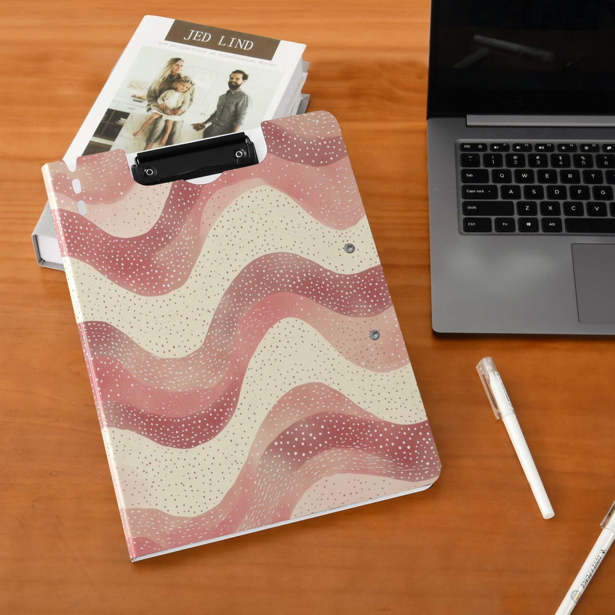 FORMRS A4 Clipboard Folder with Pen Holder Horizontal Foldable School Office Binder, Soft Pink Pattern