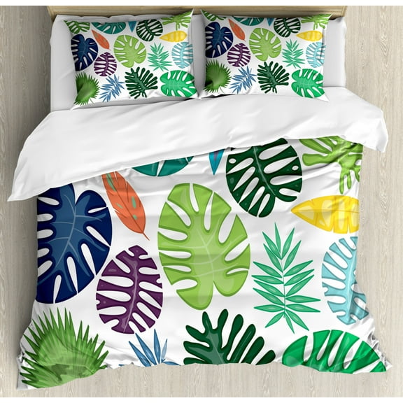 Philodendron Duvet Cover Set Queen Size, Colorful Bold Tropical Leaves Print, Decorative 3 Piece Bedding Set with 2 Pillow Shams, Pistachio Green Burnt Sienna Pastel Yellow Sea Blue, by Ambesonne