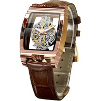 Men's Luxury Hollow Skeleton Watch Retro Gorgeous Gear Carving Design Rectangle Tonneau Large Dial Leather Belt & Stainless Steel Band Quartz Wristwatch Not Mechanical Watches