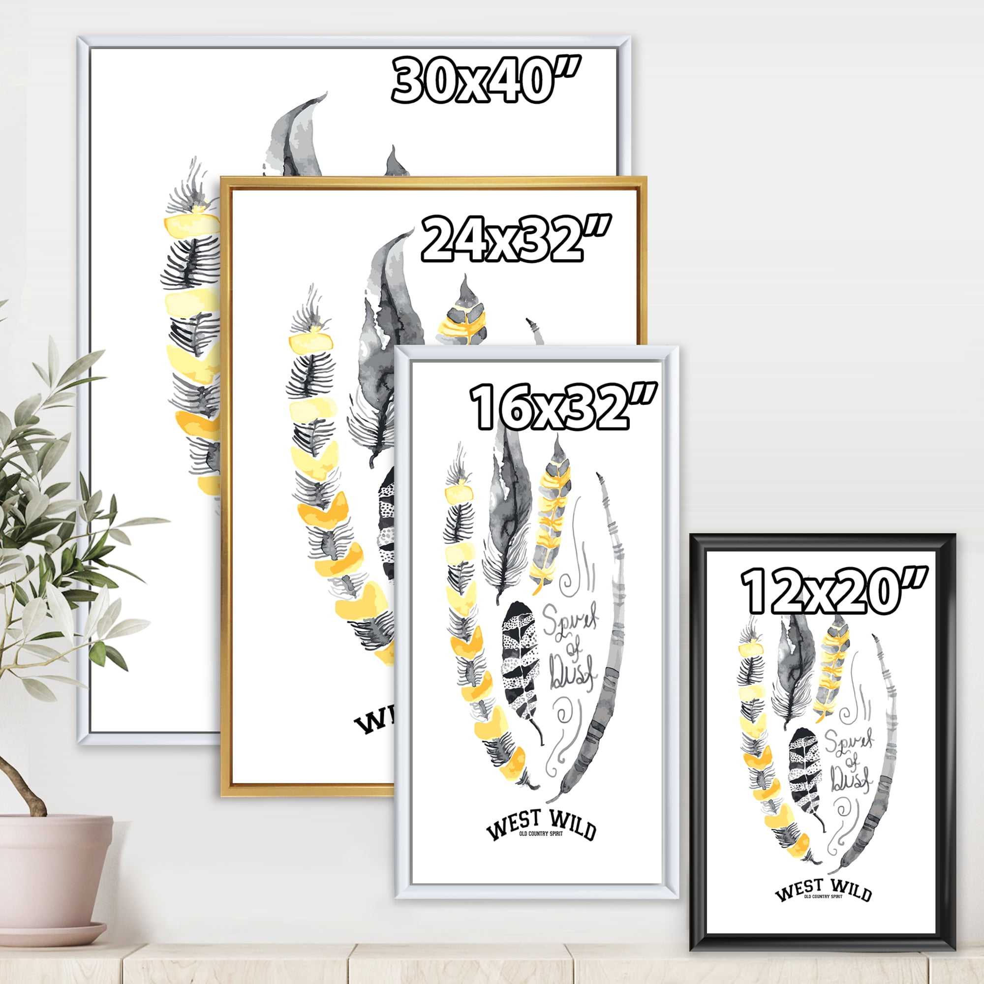 Designart 'Yellow Ethnic Plume Feathers On White' Bohemian & Eclectic Framed Canvas Wall Art Print