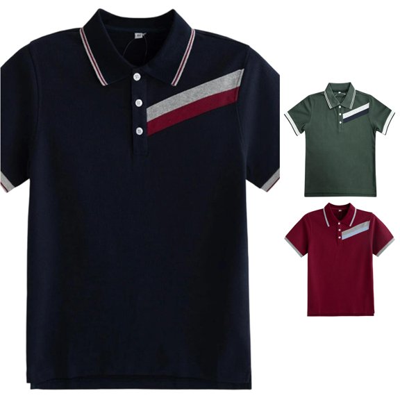 HCYSFG Boys Striped Polo Shirt Notch Neck Short Sleeve Three Button Placket Regular Fit School Uniform Top Preppy Golf Tees