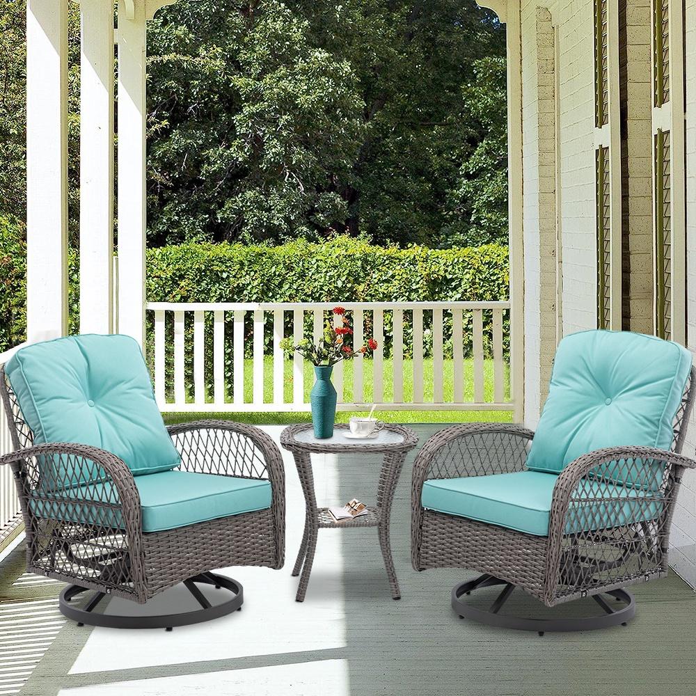 3 Piece Outdoor Bistro Swivel Chairs Set, Patio Bistro Set w/ 360° Swivel Rocking Chairs & Table, All-Weather Conversation Set with Metal Frame for Patio Backyard Porches or Garden - Blue - image 3 of 10