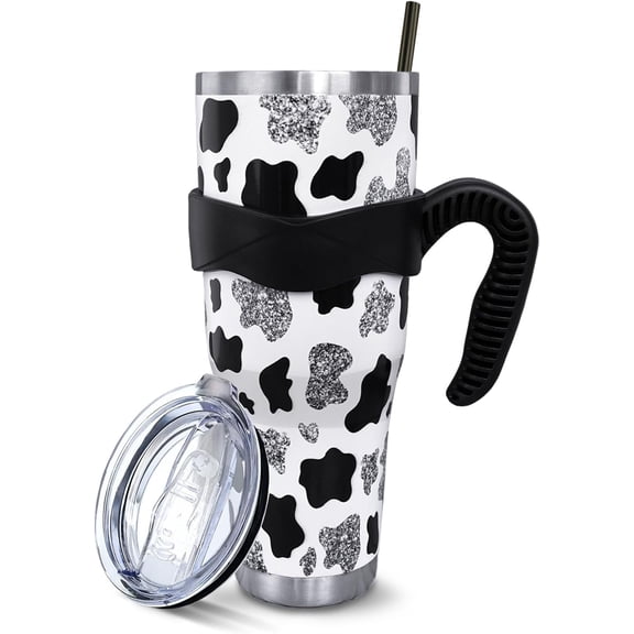 Cute 40 Oz Tumbler with Handle and Straw, Cow Print Large Big Stainless Steel Vacuum Insulated Tumbler Iced Coffee Cup Water Bottle Travel Mug, Cow Print Stuff Gifts decor Accessories, Black White