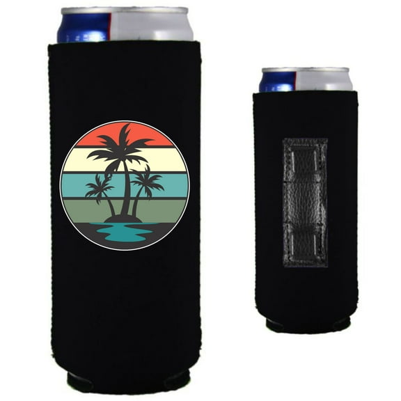Retro Palm Trees Magnetic Slim Can Coolie (Black)