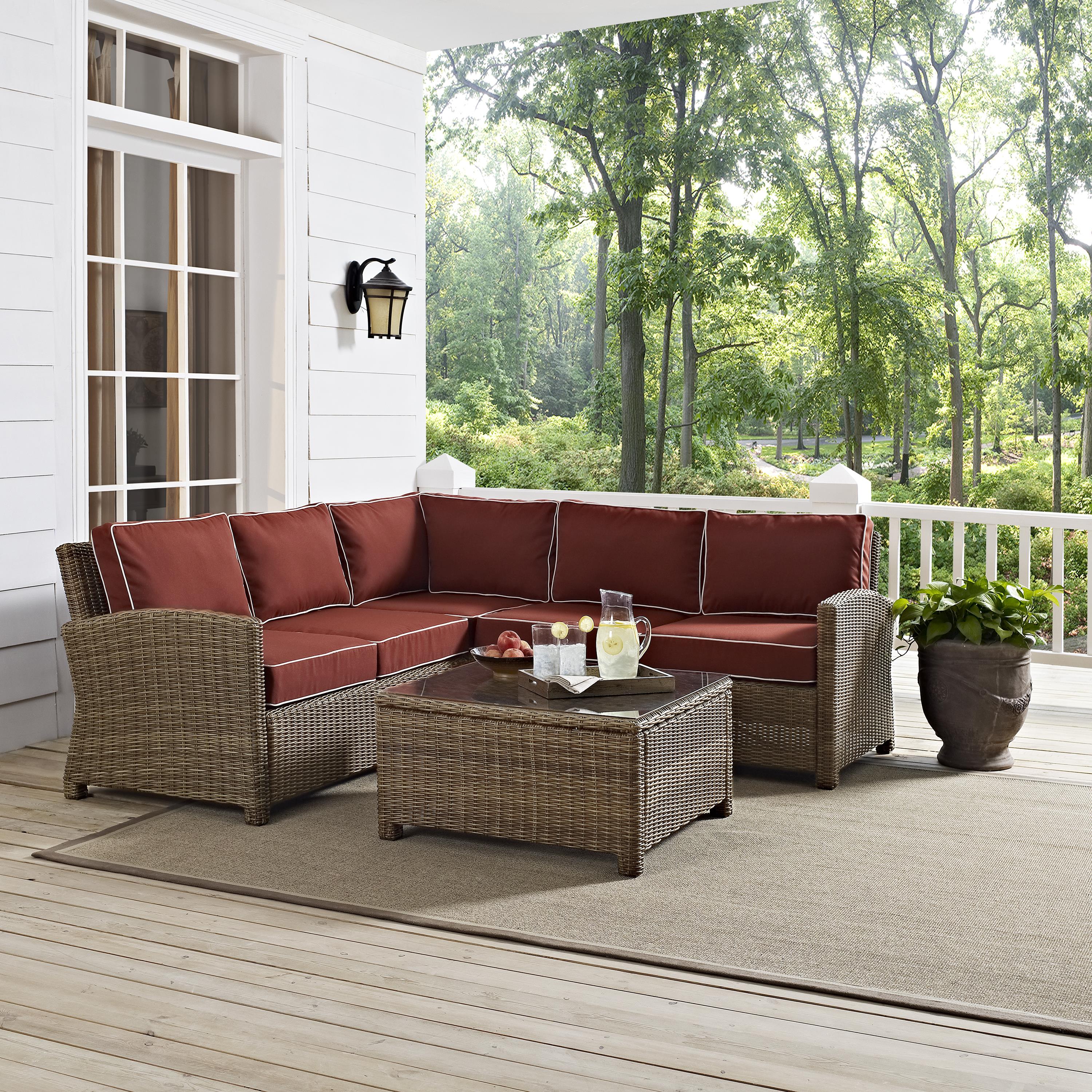 Crosley Furniture Bradenton 4-Piece Outdoor Wicker Seating Set with Sangria Cushions - Right Corner Loveseat, Left Corner Loveseat, Corner Chair, Sectional Glass Top Coffee Table - image 5 of 10
