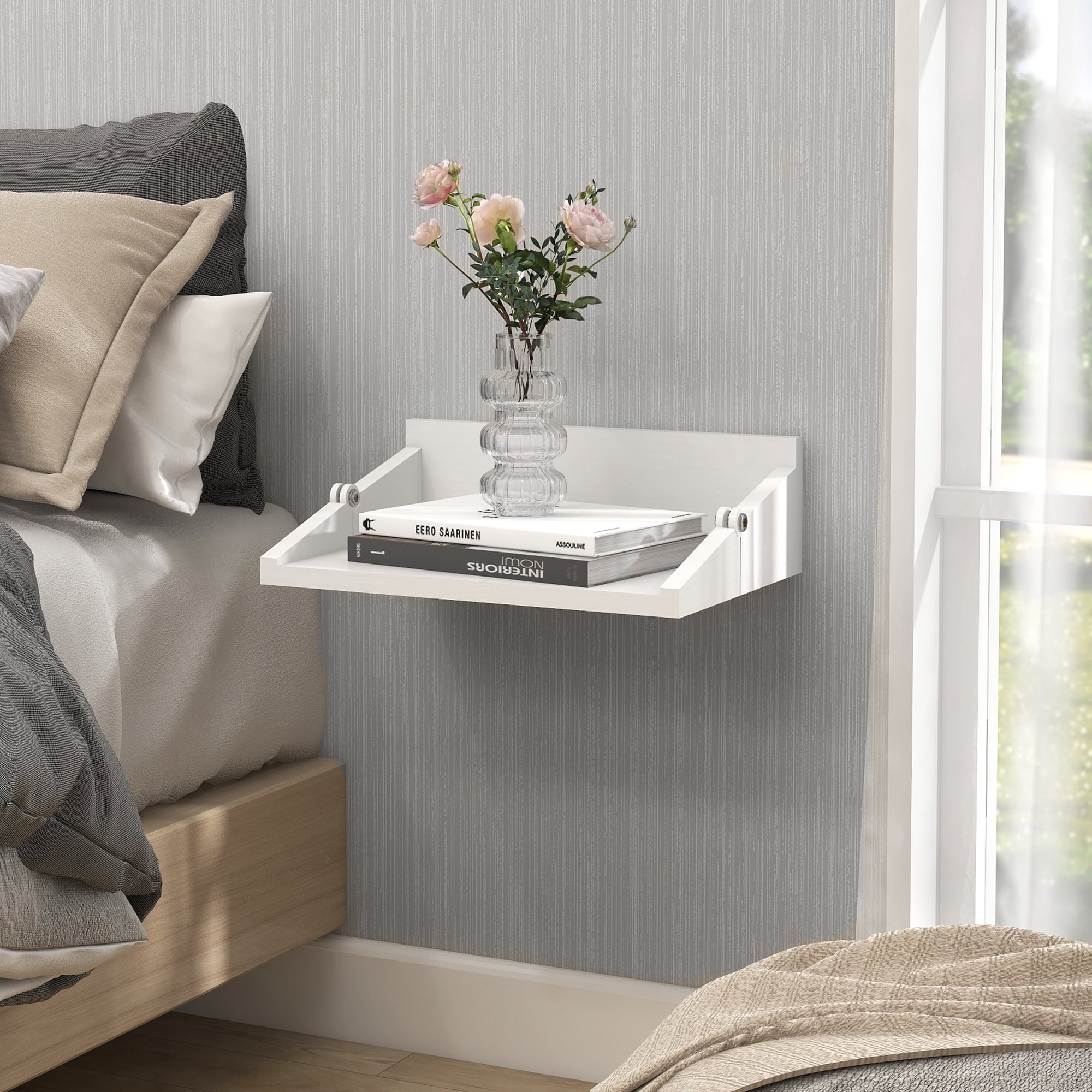 SUMGAR Floating Nightstand White Modern Bedside Table Organiser Fully Assembled Shelf Small Spaces Wall Mounted Storage Wood Furniture for Bedroom Home Decor 13 Inch Wide