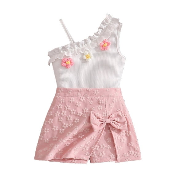 XIYON Toddler Girls Clothing Set Baby Kids Girls 2 Piece Outfit Fashion Spaghetti Strap Ribbed Top With 3D Floral Detail And Bow Shorts Set 3-4 Years