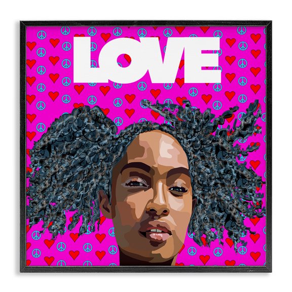 Stupell Industries Eclectic Patterned Pink Love Peace Sign Hearts Person Black Framed Giclee Art, 12 x 12, by Lynnda Rakos