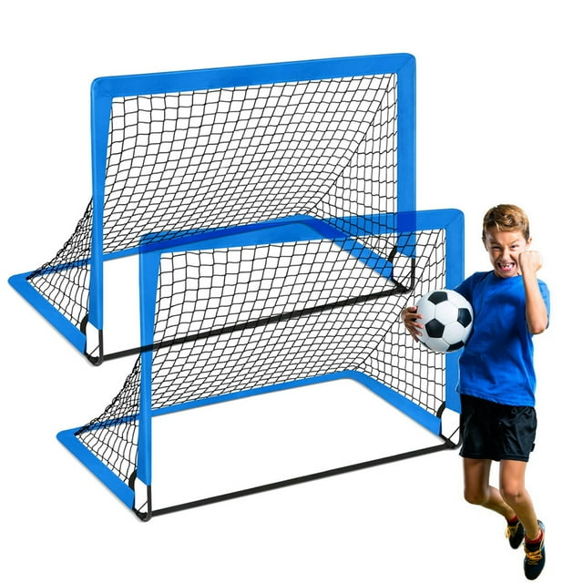 Zootealy Portable Foldable Kids Soccer Goal Set with Storage Bag - Outdoor Sports Training Net for Children, Includes 2 Goals, Rods, Nails (Blue)