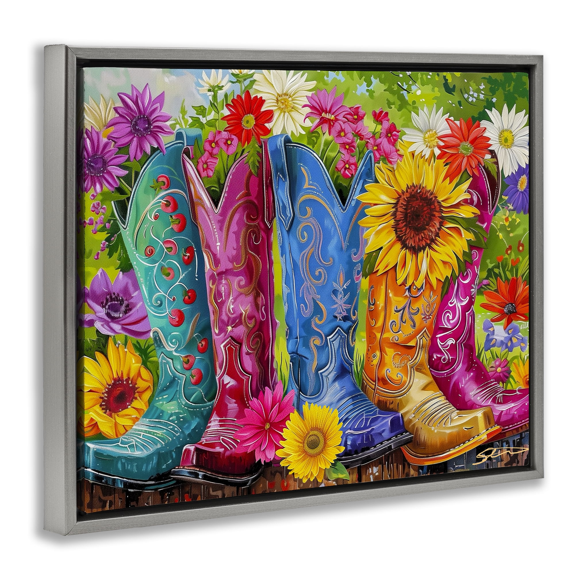 Cowboy Boots and Sunflowers Gray Framed Floater Canvas Wall Art, design by Shawna Stewart