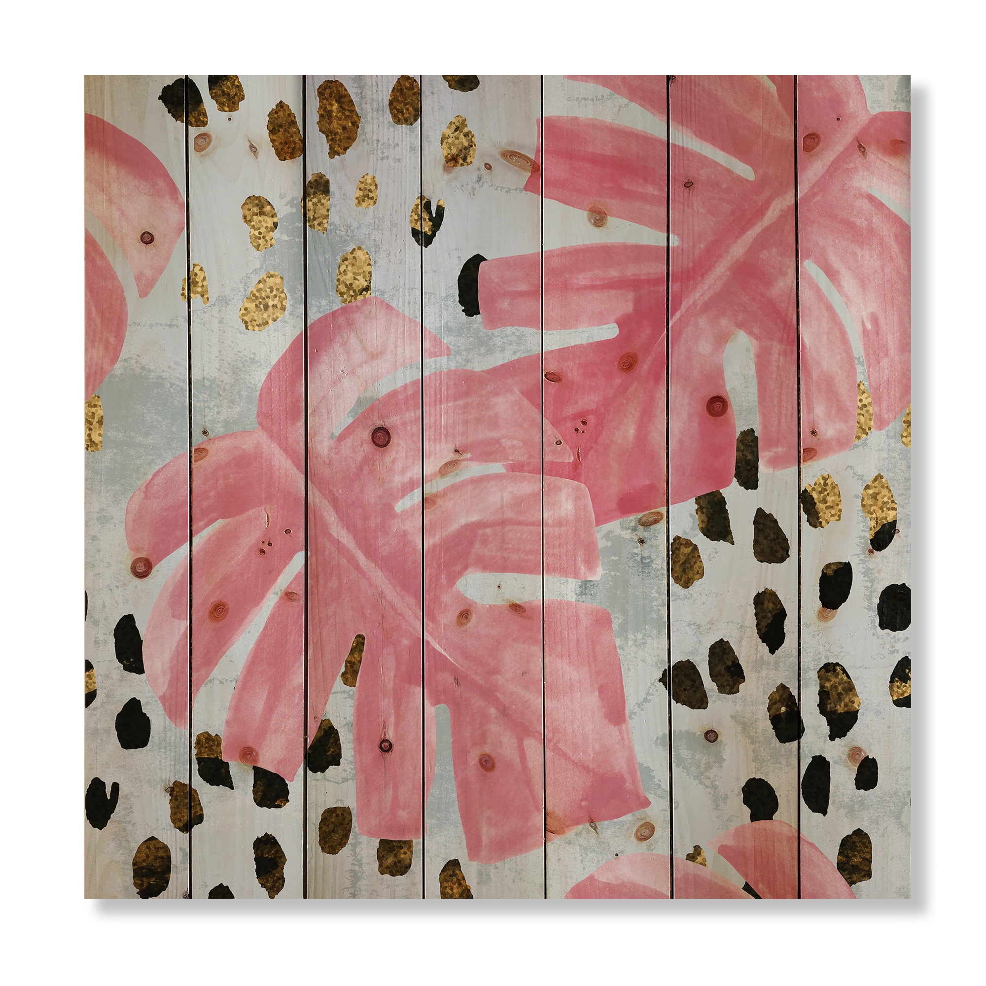 Designart 'Rough Brush Strokes Pink Colored Monstera II' Tropical Print on Natural Pine Wood