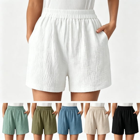 Pocket Shorts for Women Elastic Waist Casual Summer Breathable Polyester Short,White Size L