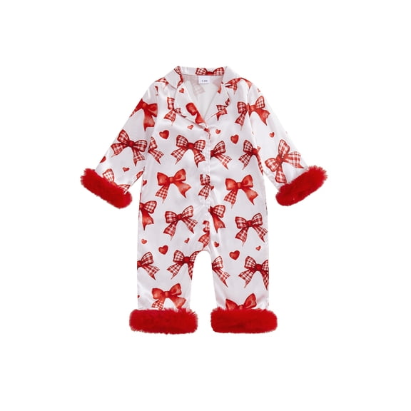 Baby Girl Valentine’s Day Pajamas Bow Heart Print Fur Cuff Romper Long Sleeve Button Down One-Piece Jumpsuit Sleeper Infant Sleepwear,0-18M