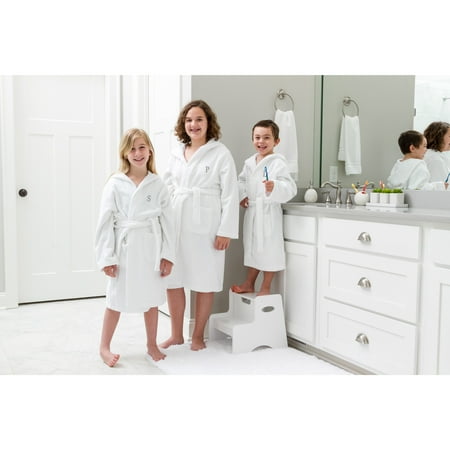 Monogram Bathrobes Linum Home Sweet Kids Turkish Cotton Terry White with Dark Grey Block Monogram Hooded Bathrobe ()