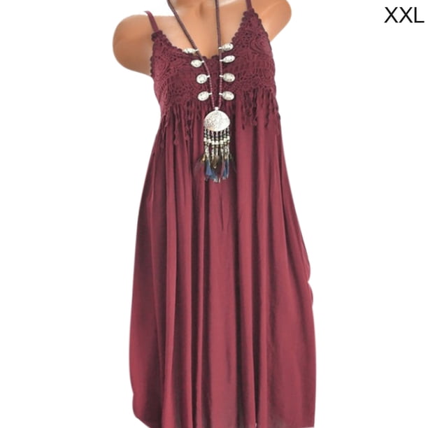 Vestido de verano Correa sin mangas Vestido de mujer Escote redondo Tela de niña, Rojo vino, XXL Jumpingount AP002181-21