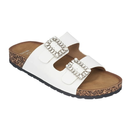 

GC Shoes Women s Cork Platform Footbed Sandals Casual Summer Comfort Slides Two Buckle Strap Slip Ons Claudia/White/6