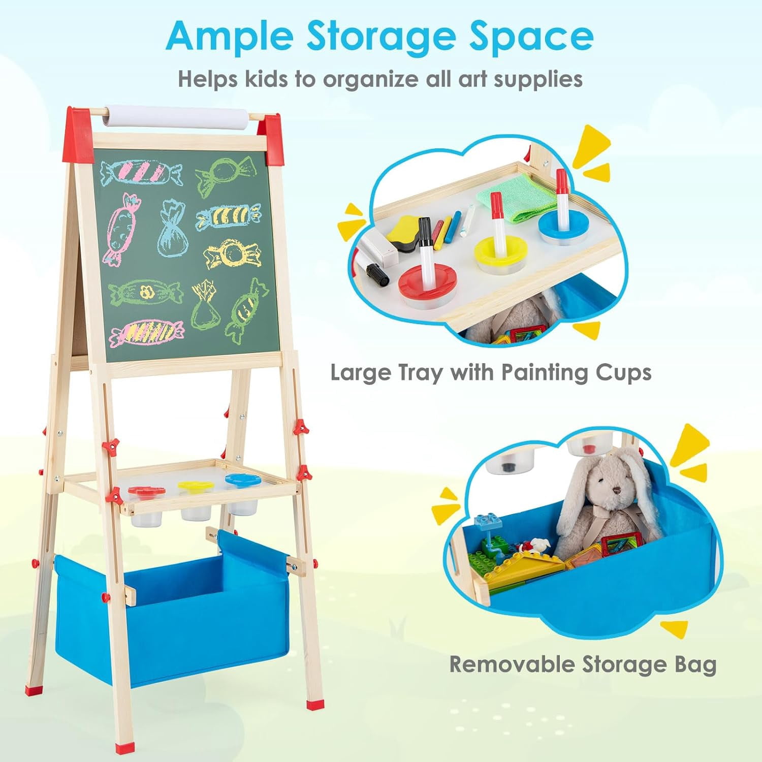 Easel for Kids, All in 1 Double Sided Wooden Art Easel w/Magnetic Chalkboard, Whiteboard, Paper Roll, Storage Tray & Bag, Letters & Numbers Magnets, Height Adjustable Toddler Easel