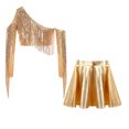 thumbnail image 6 of TSSOE Kids Girls 2 Piece Sequin Jazz Dance Outfit Long Sleeve Metallic Fringed Crop Top and Mini Pleated Skirts Set Gold 12, 6 of 7