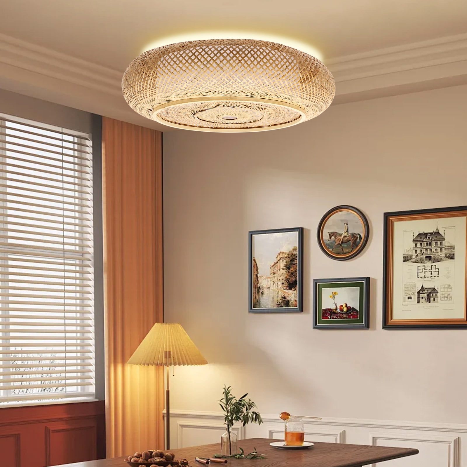 Wildnix Bamboo Ceiling Light, Round Rattan Yellow Design, 3 Lamp Holders, Ceiling Mount, Ideal for Indoor Use, Stylish and Warm Lighting for Living Room and Dining Room