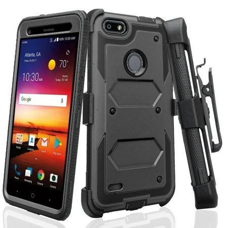 SOGA Cover for Phone Compatible Model ZTE Blade X Z965/ZTE Blade Force N9517 Case, [TriGuard] Shockproof Rugged Hybrid Armor Case Cover with Belt Clip Holster & Built-in Screen Protector - Black