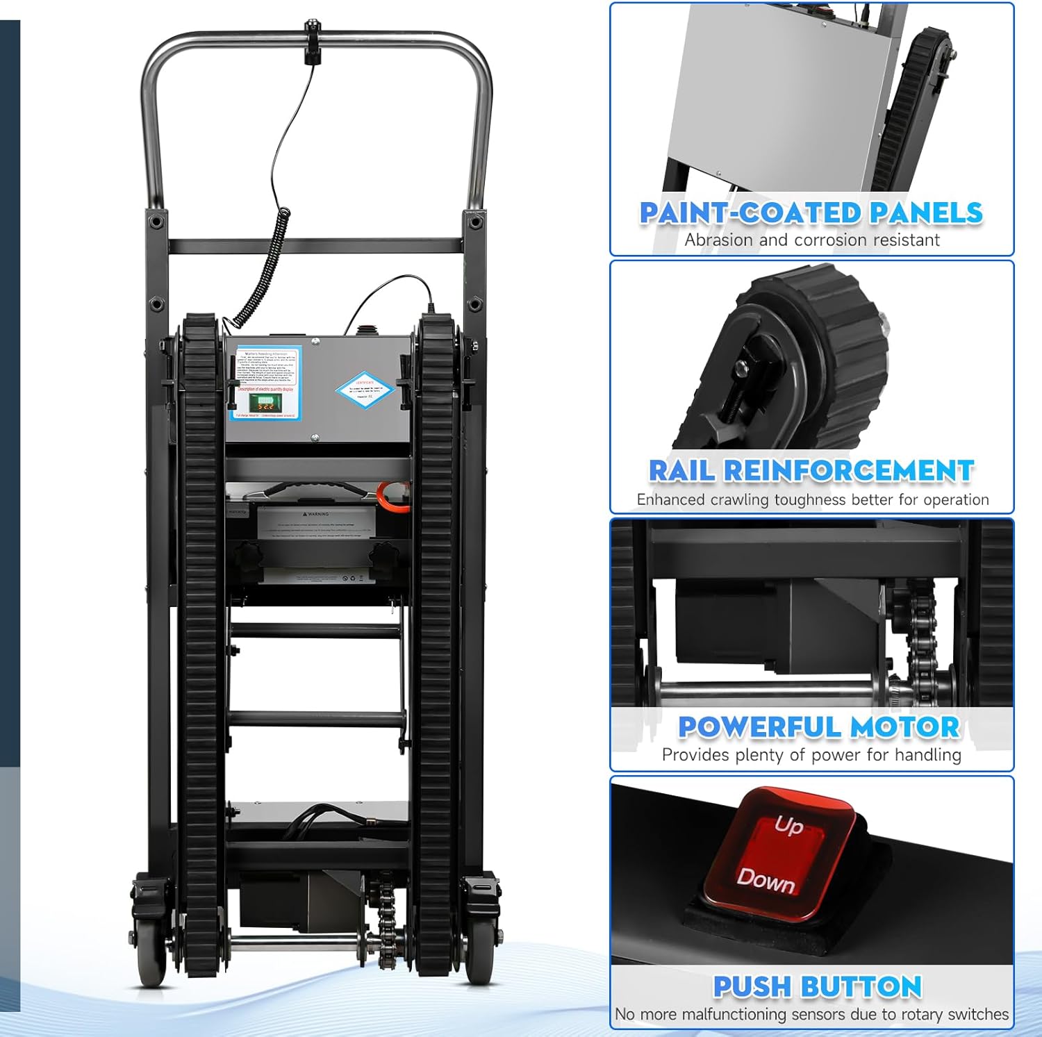 Esheno Electric Stair Climbing Hand Truck 880 lbs Capacity Heavy Duty Stair Climber Dolly with 3 Ropes for Furniture Logistics Warehouse Black and Silver