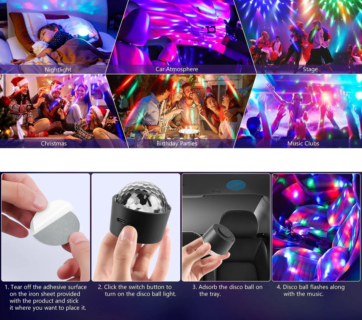 2 Pack LED Disco Ball Light, Sound Activated RGB Party Lights, Mini Stage Lighting for DJ, Home, Bar and Holiday Decor