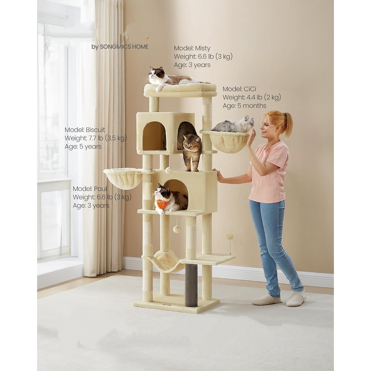 Cat Tree, 69-Inch Tall Cat Tower, Multi-Level Plush Condo with 2 Caves, 2 Baskets, 5 Scratching Posts, Self-Groomer, Perch, Hammock, Sand Beige