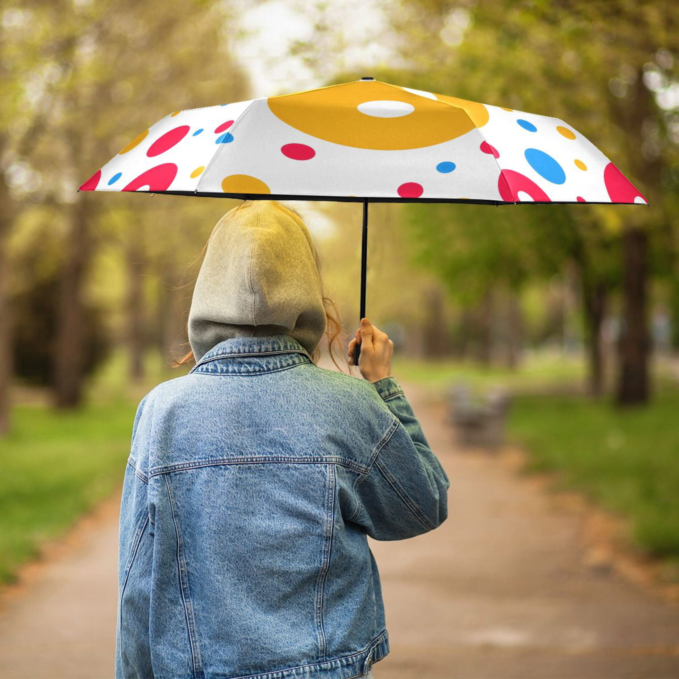 ALAZA Circle Polka Dots UPF 50+ Compact Folding Umbrella for Rain Travel Umbrella Packable
