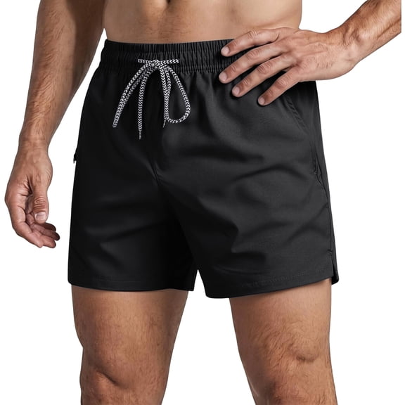 CIENVNSTG Men's Quick-Dry Beach Shorts Length Drawstring Waist with Zipper Pockets Lightweight Breathable Swim & Athletic Shorts Black L