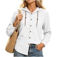 thumbnail image 2 of Womens Tops 100% Cotton Hooded Button Down Fashion Drawstring Long Sleeve Jacket Top, 2 of 7