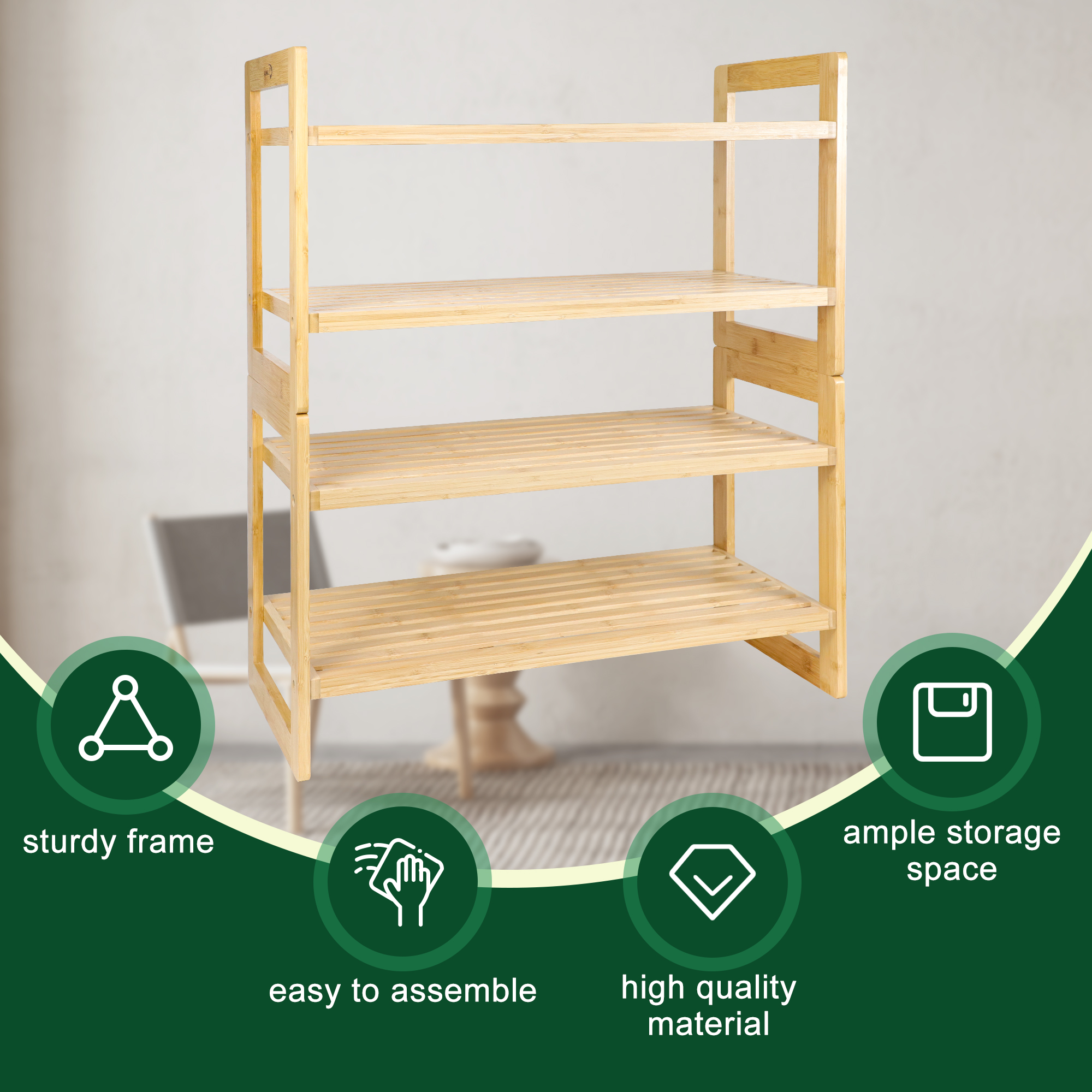 Bamboo Shoe Rack Kit, 4-Tier Bamboo Shoe Storage Organizer, Holds Up to 300 lb, for Entryway Bathroom Bedroom, Free Standing Shoe Racks for Indoor Outdoor, Stackable | Foldable | Natural