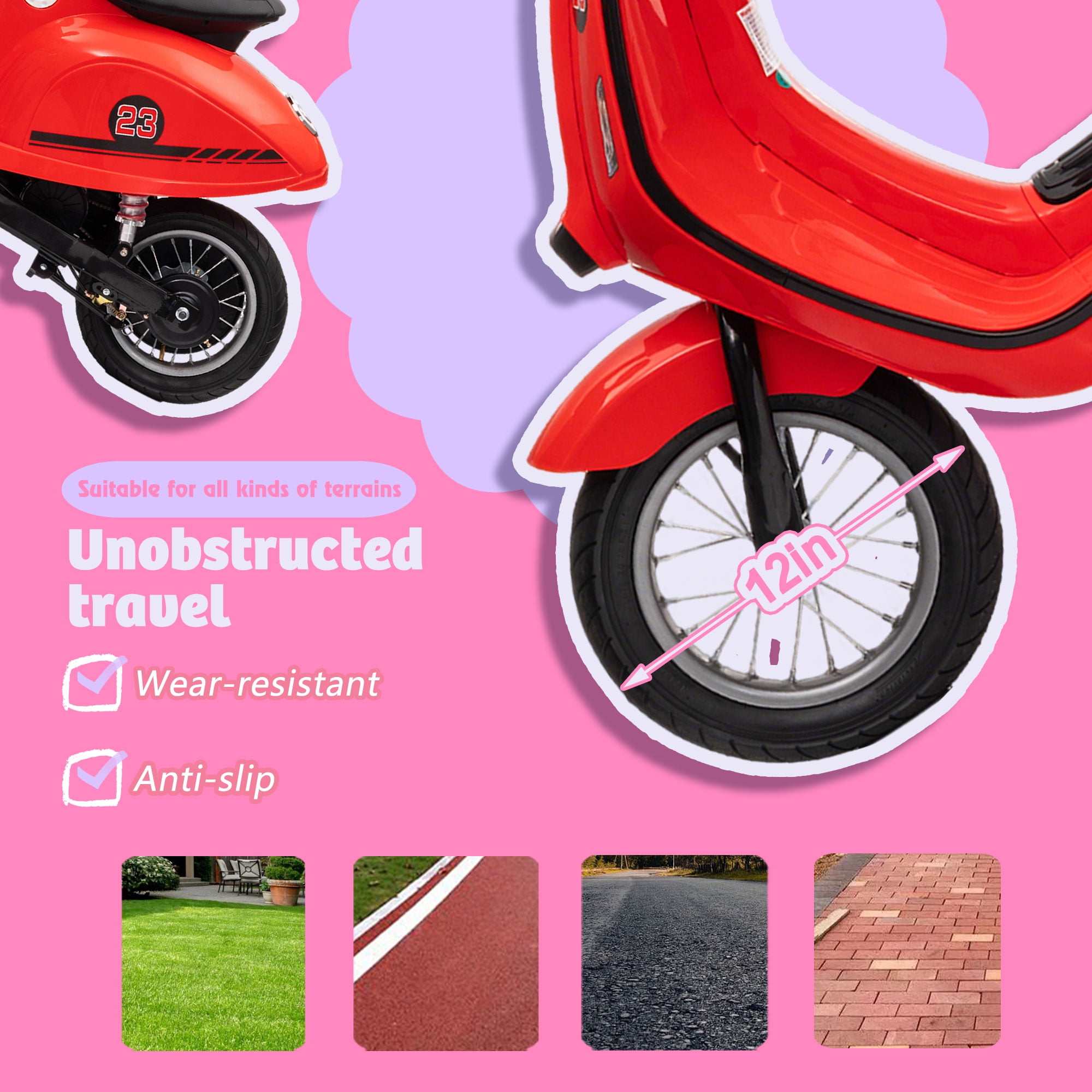 Okybaby 24V Ride on Motorcycle, 250W Electric Motorcycle with Max Speed 10 Mph, Twist-Grip Throttle, 12" Air Tyre, MP3 Player, Bluetooth, Powered Ride on Toy Car for Aged 8+, Red