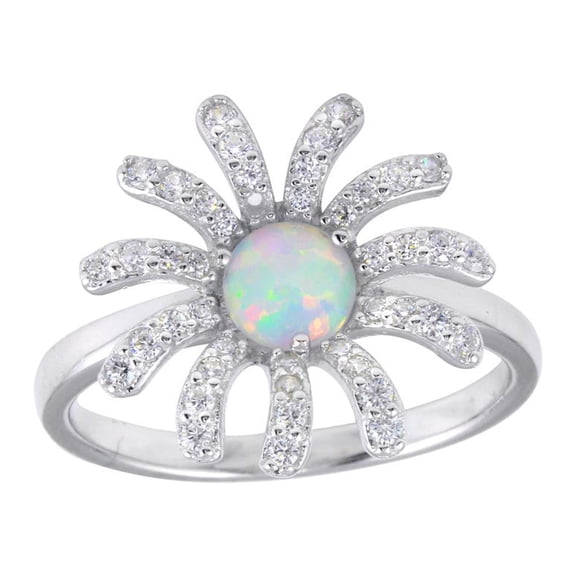 White Synthetic Opal Center Clear CZ Floral Ring Sterling Silver Size 5
