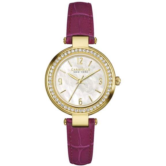 Caravelle Women's T-Bar Stainless Steel Case Purple Leather Strap Pearl Dial Gold Watch - 44L176