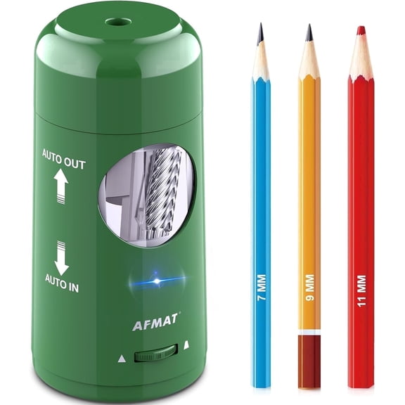 AFMAT Electric Pencil Sharpener, Rechargeable Fully Automatic Pencil Sharpener for Jumbo & Colored Pencils (7-11.5mm), Auto in/Out, Hands-Free, Portable for Home/Classroom/Office,Green