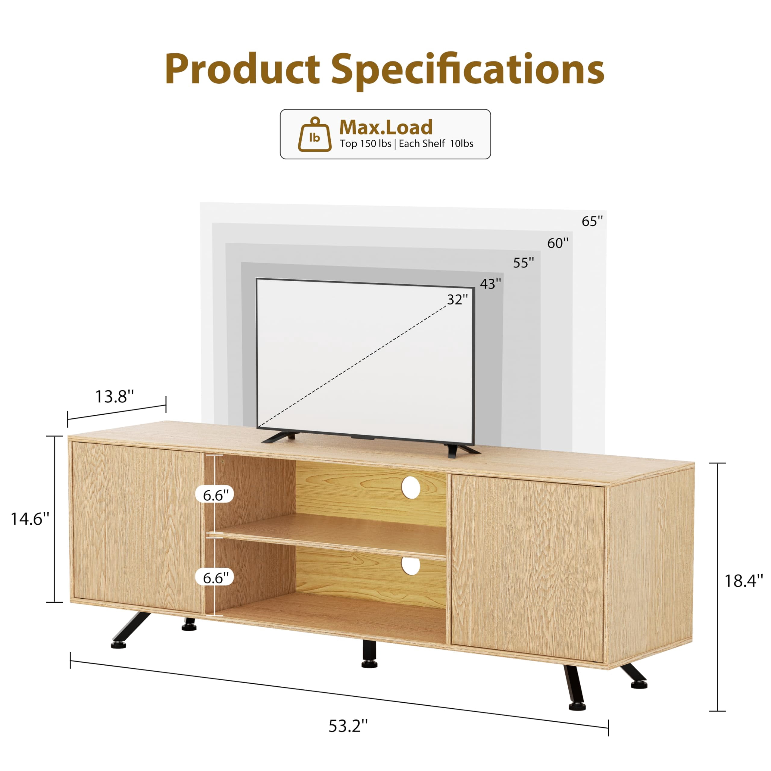 THAILE Mid-Century Modern Television Stand for TVs up to 65", Wooden TV Stand Entertainment Center with Storage Racks, 2 Cabinets, Oak