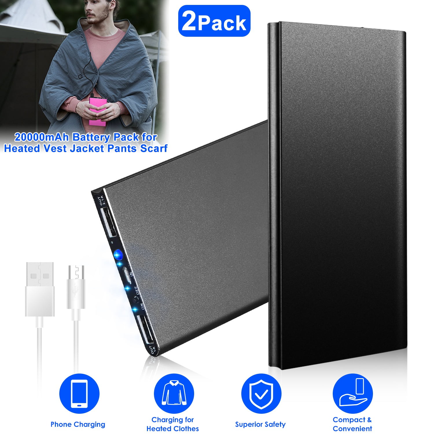 5V 2.1A Power Bank for Heated Vest Jacket 20000mAh Slim Lightweight Fast Charging Portable Charge with Dual USB Ports for Heated Clothing (2Pack, Black)